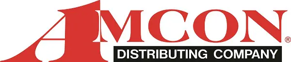 A red and black logo for amc distribution.