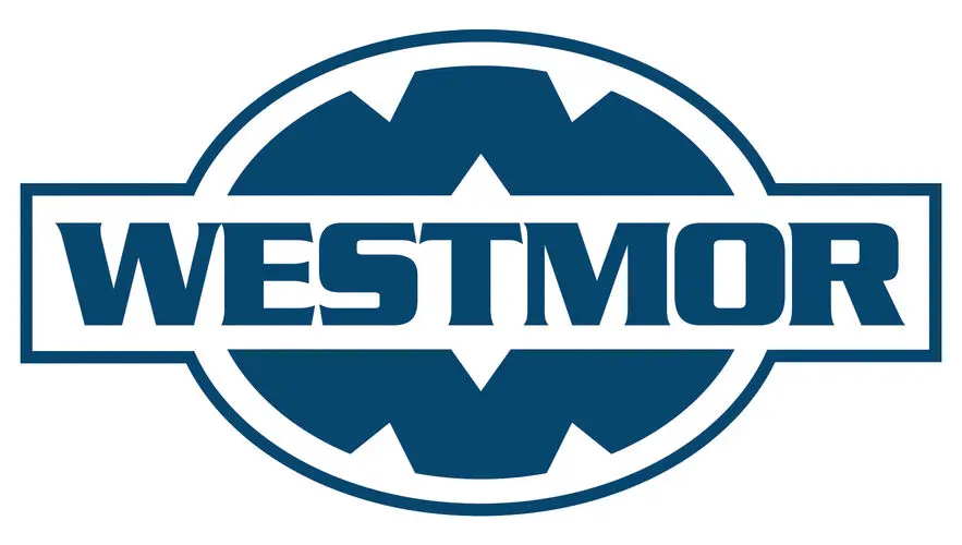 A blue and white logo of westmor.